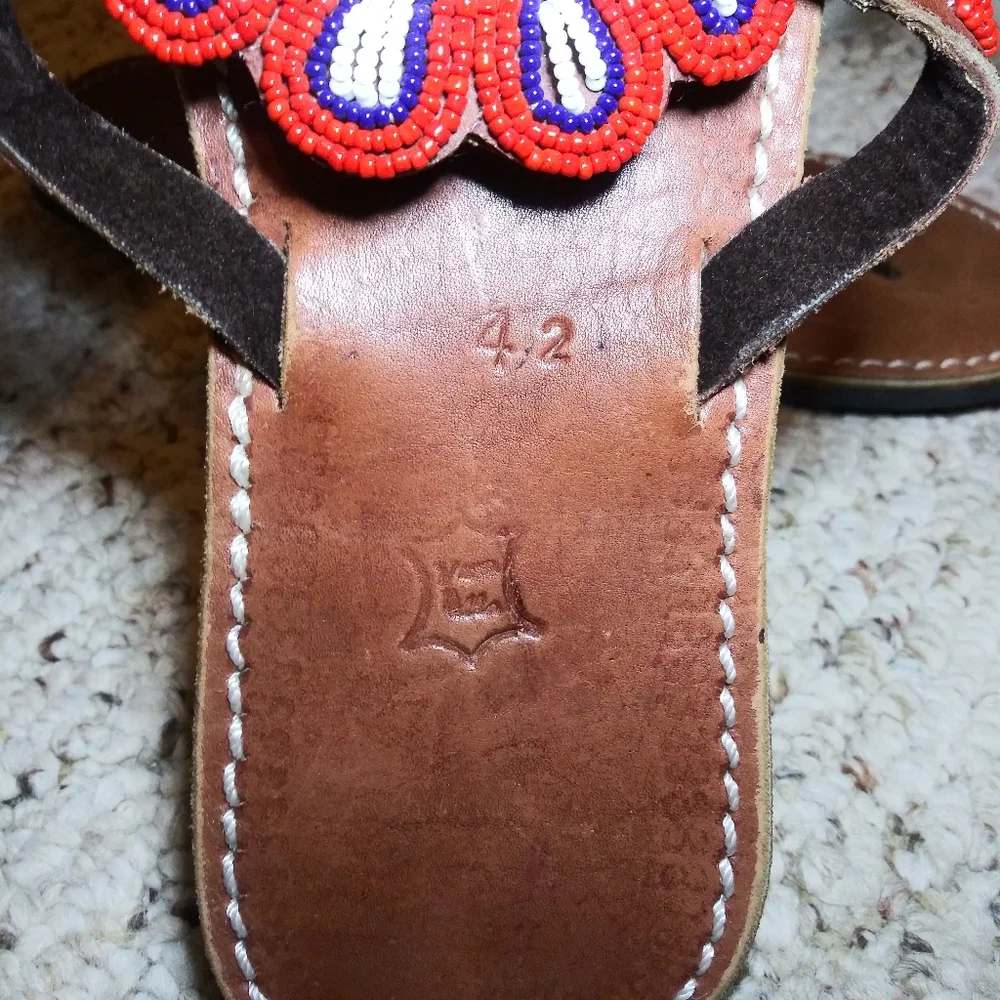 Boho Handmade Red, White, Blue & Gold Beaded Flower Thong Sandals - Picture 5 of 9